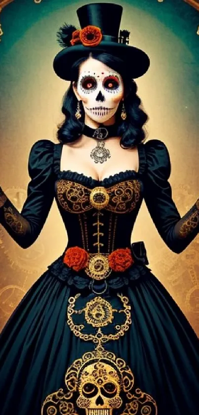 Gothic steampunk lady in gold accented dress.