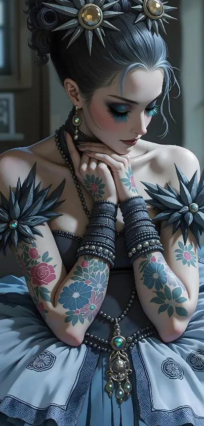 Gothic portrait of a tattooed woman in elegant attire.