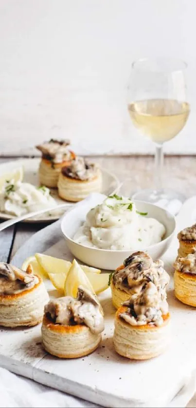 Elegant gourmet dining setup with white wine and vol-au-vents.