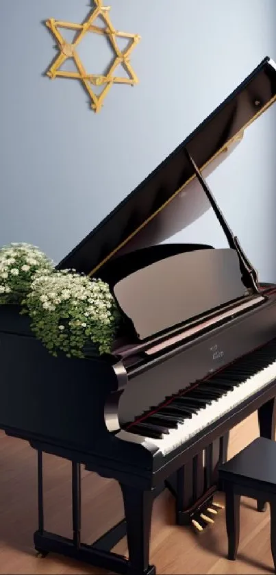 Elegant black grand piano with flowers and star decor.