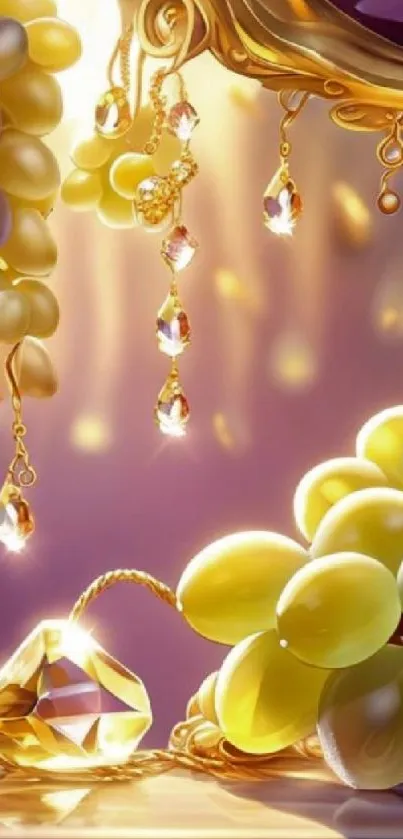 Elegant grapes and jewels with gold accents on mobile wallpaper.