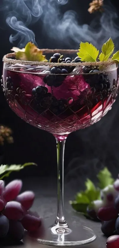 Elegant wine glass with grapes wallpaper featuring smoky effect.