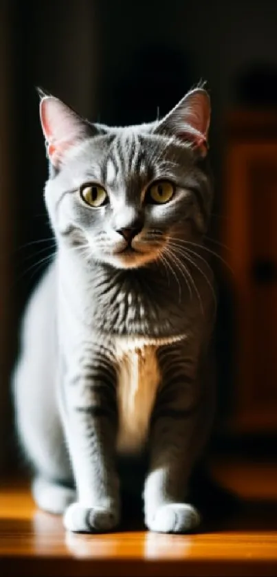 Elegant gray cat sitting in soft light.