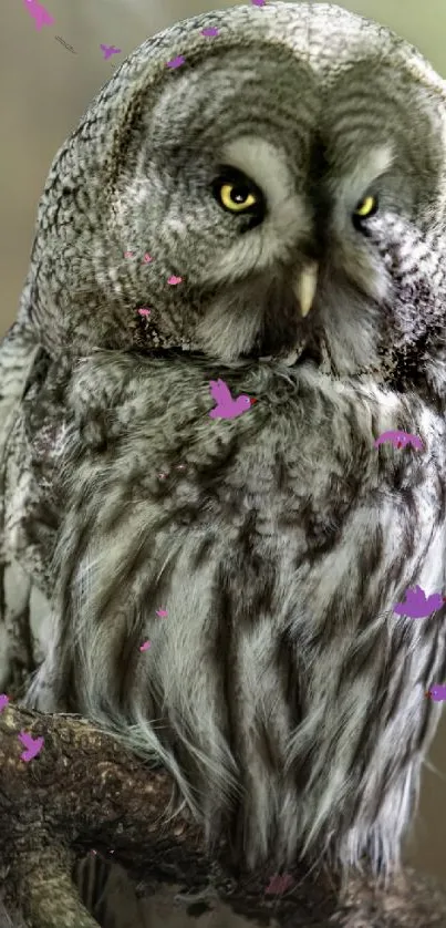 A gray owl perched on a branch with purple butterflies floating around.