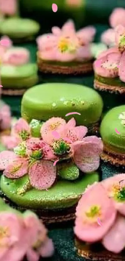 Green and pink desserts with floral decorations on a dark background.