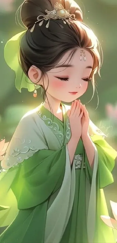 Serene anime character in green dress amidst lotus flowers.