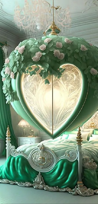 Elegant green bedroom fantasy art with ornate heart lighting.