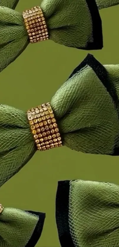 Elegant green bow wallpaper with gold accents.