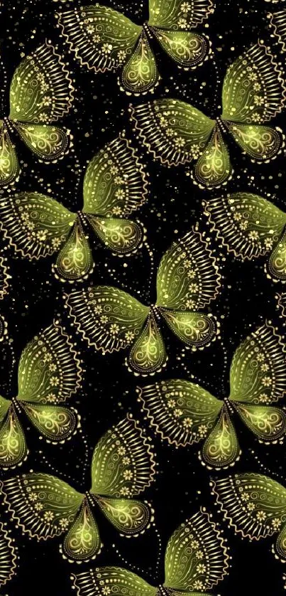 Intricate green butterfly pattern on a black background wallpaper.