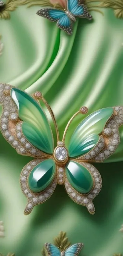 Green butterfly with jewel accents on green background.