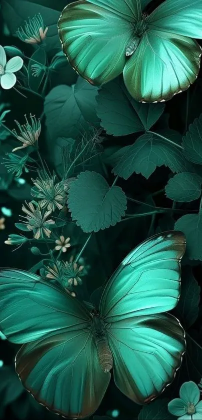 Green butterflies and flowers in lush foliage.