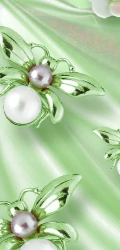 Elegant green butterfly wallpaper with pearls and flowers.