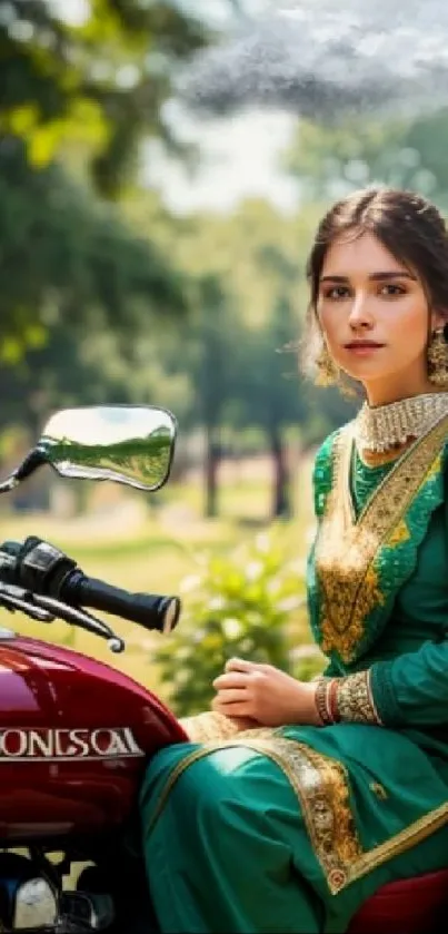 Woman in green dress on a red motorcycle outdoors.