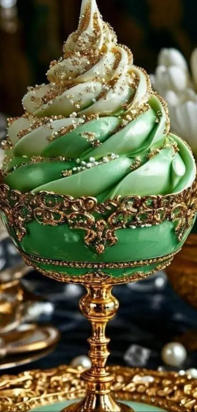 Luxurious green dessert with ornate gold cup.