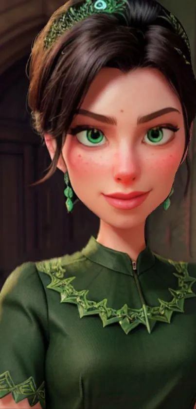 Cartoon character in an elegant green dress with matching accessories.