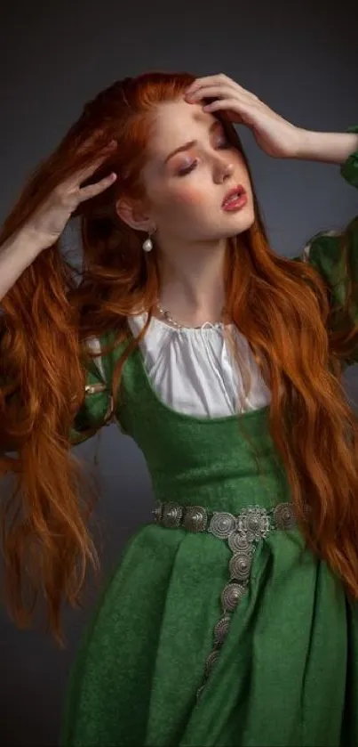 Woman with long red hair in a green dress on a black background wallpaper.