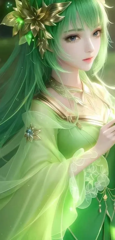 Fantasy maiden in green dress with golden accessories, glowing softly.