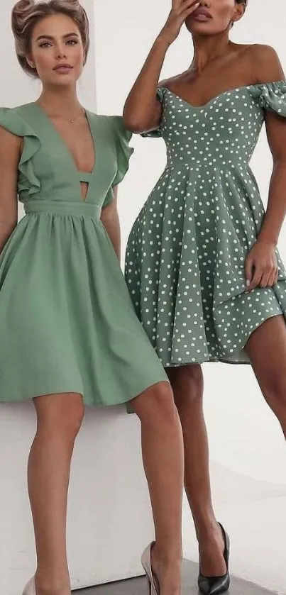 Two women in elegant green dresses, stylish mobile wallpaper.