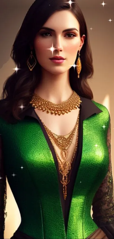 Woman in green dress with gold jewelry and a sparkling effect.