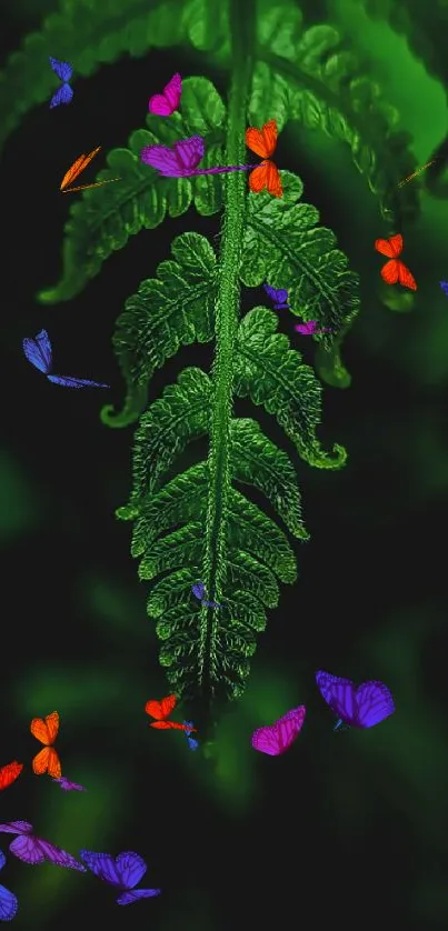 Dark green fern leaf close-up on a black background, ideal for mobile wallpaper.