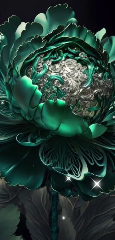 Intricate green floral artwork with dark background as mobile wallpaper.