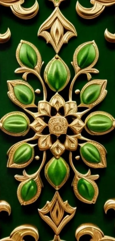 Elegant green and gold floral wallpaper with intricate design.