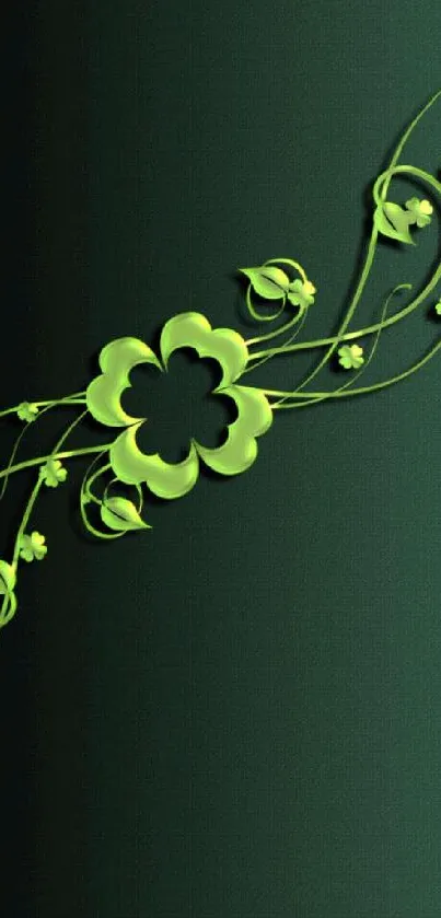 Elegant green floral wallpaper with leaf patterns and a dark green background.