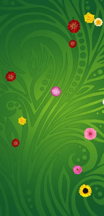 Elegant green floral mobile wallpaper with intricate patterns.