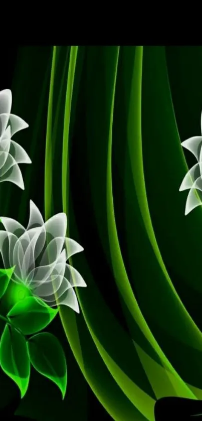 Elegant green wallpaper with glowing white flowers and abstract leaves.