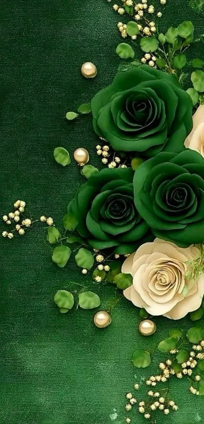 Elegant green floral wallpaper with roses.