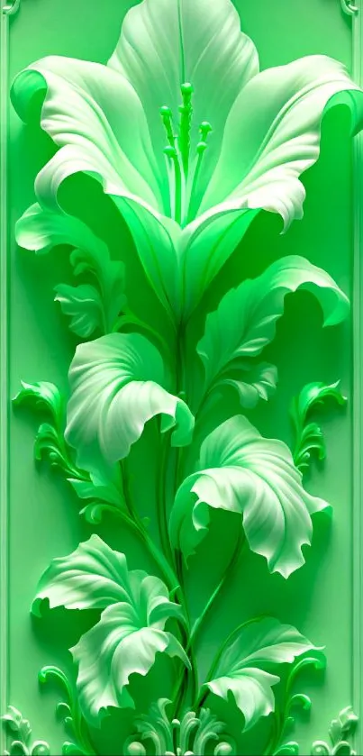 Intricate green floral wallpaper design with leaves and flowers for mobile screens.