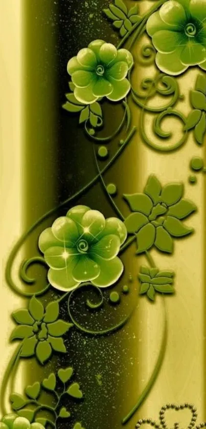 Elegant wallpaper with green floral design on a textured background.