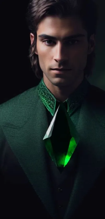 Elegant portrait of man in emerald suit with green crystal.