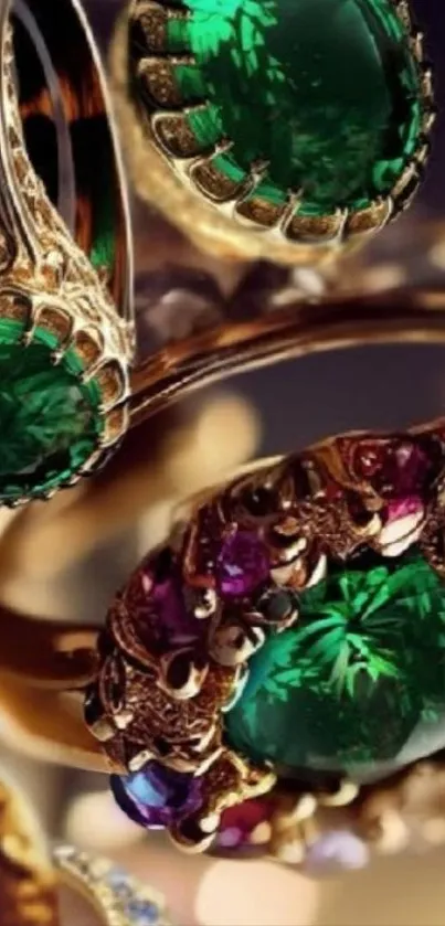 Green gemstone rings with gold detailing.