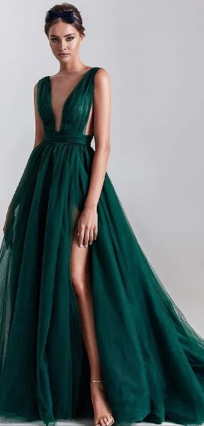 A stunning emerald green gown, perfect for an elegant mobile wallpaper.