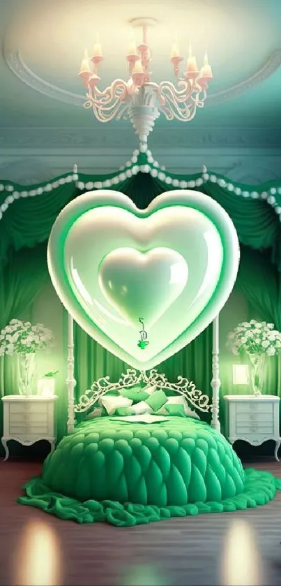 Elegant green heart-themed bedroom wallpaper with luxurious decor.