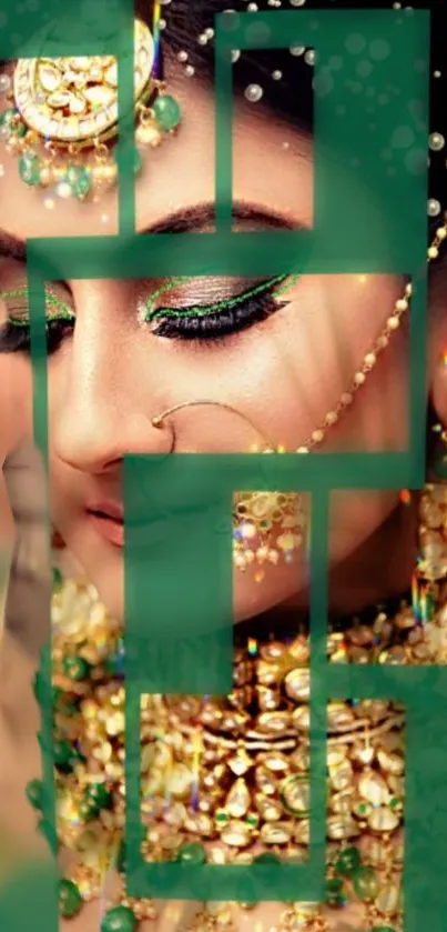 Elegant woman adorned with green and gold jewelry on phone wallpaper.