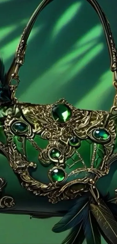 Green jeweled handbag with ornate design and feathers.