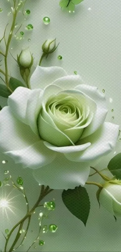 A beautifully illustrated green rose with dewdrops on a soft background.