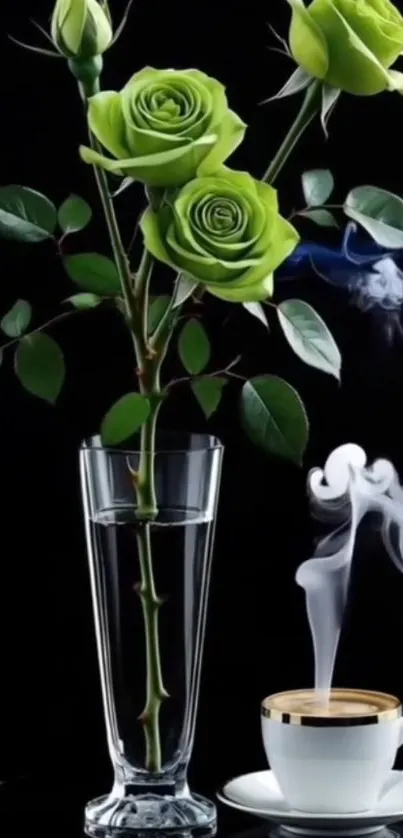 Green roses in a vase with coffee and smoke.