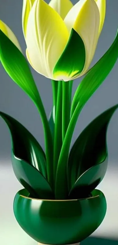 Elegant green tulip in a glossy pot, artistic mobile wallpaper.