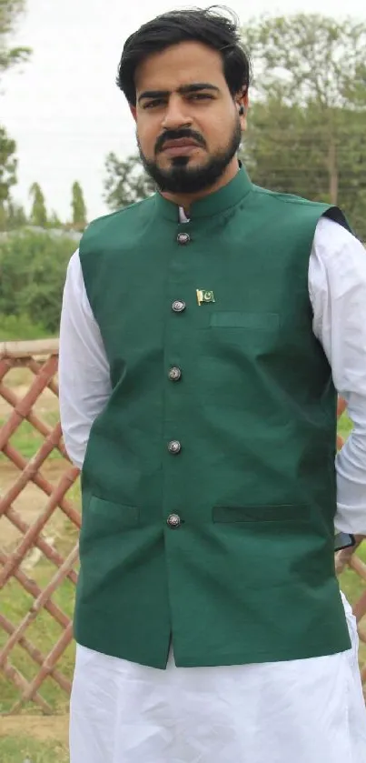 Portrait of a man in a green vest outdoors.