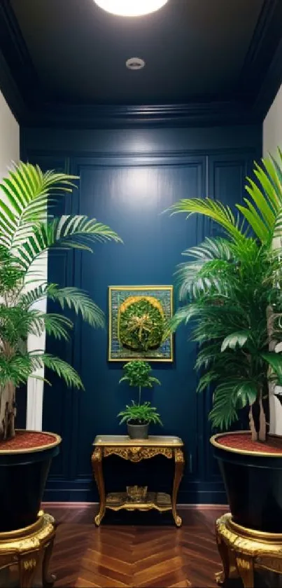 Elegant hallway with green plants and deep blue walls.