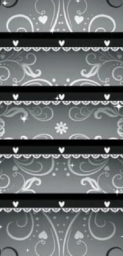 Elegant grey wallpaper with floral patterns.