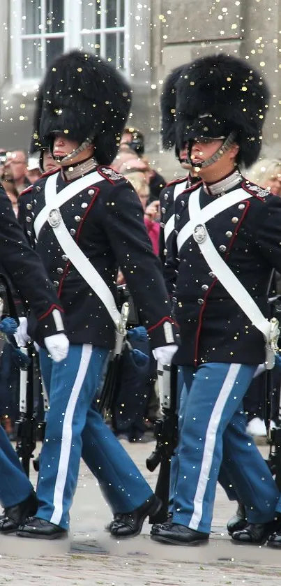 Ceremonial guards marching in formation with black hats and blue uniforms.