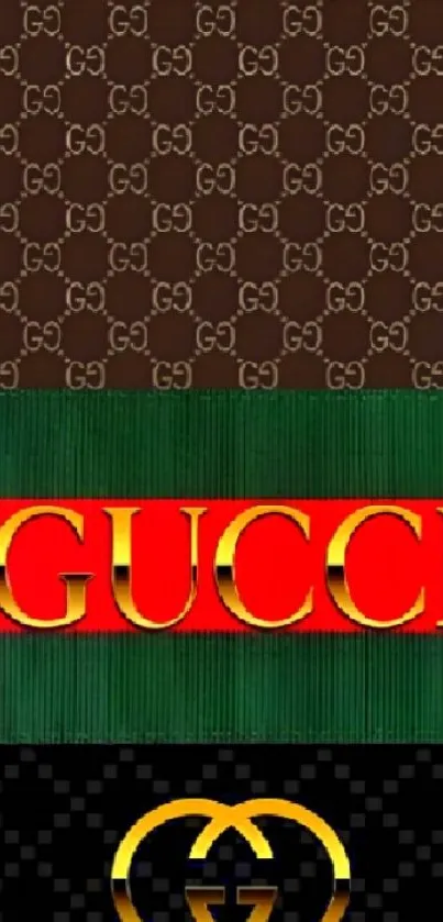 Gucci-themed mobile wallpaper with luxury patterns in brown, green, and red colors.