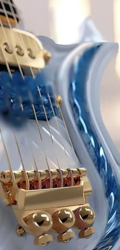 Close-up of a gold-accented electric guitar.