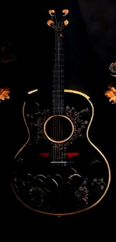 Elegant guitar with floral accents on a dark background.
