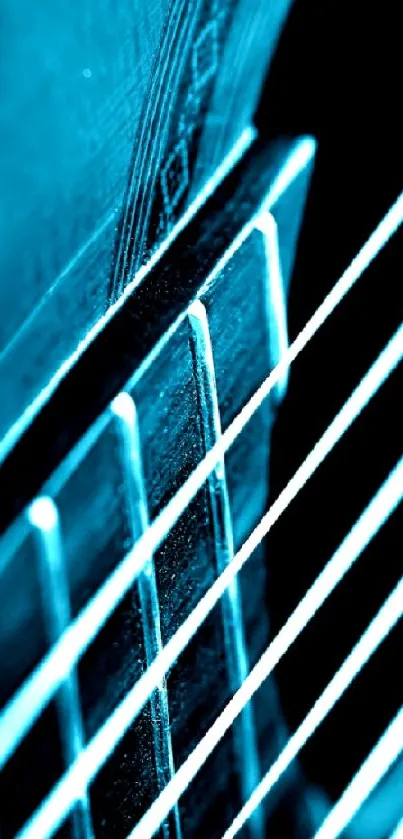 A close-up view of guitar strings with a vibrant blue lighting effect.