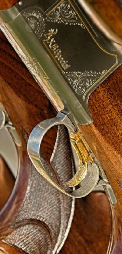 Elegant gun collection with wooden accents displayed.